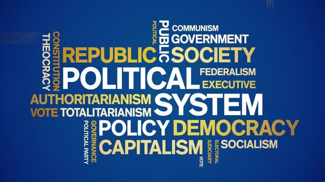 Political System animated word cloud-text design animation tag kinetic typography seamless loop.