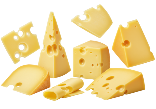 Gourmet yellow Swiss and cheddar cheese, triangular wedge and blocks, floating against a transparent studio background with copy space. Concept for luxury food advertising