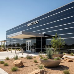 Modern "CONTROL" Corporate Office Building with Sleek Glass Facade and Desert Landscaping