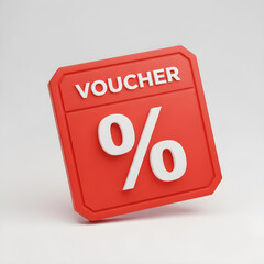 3D Render of Square Red Discount Voucher Icon with Percentage Sign.