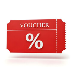 3D Render of Red Discount Voucher or Coupon Ticket with Percentage Symbol.