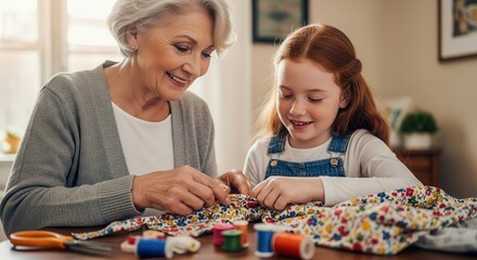 Fototapeta premium Happy grandmother teaching granddaughter to sew colorful fabric at home, sharing craft skills