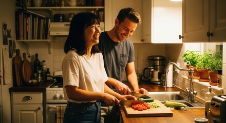 Happy young couple laughing and chopping fresh vegetables while cooking dinner in a cozy kitchen