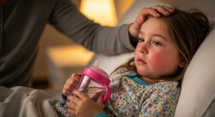 Young girl with flushed cheeks and fever resting in bed, parent hand checking temperature