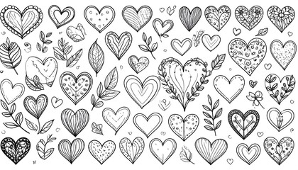Collection of detailed hand-drawn hearts and floral elements in black