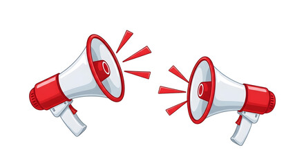 Two Cartoon Megaphones Speaking, Red and White Loudspeakers.