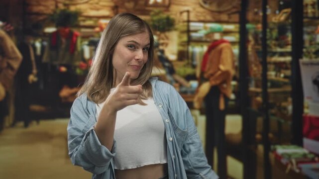 Young blonde woman making phone gesture with hand and pointing finger inside clothing shop building, smiling direct at camera; friendly casual confidence.