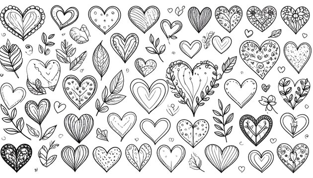 Collection of detailed hand-drawn hearts and floral elements in black