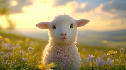 A charming lamb stands amidst a vibrant meadow, bathed in the warm glow of the setting sun, creating a serene and picturesque scene.