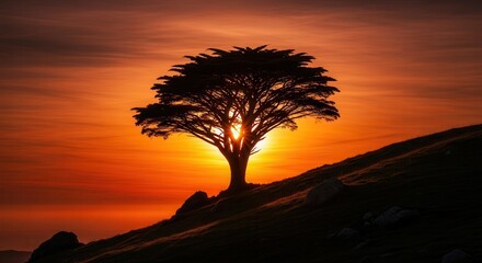 Obraz premium Solitary tree silhouetted against a fiery orange and red sunset on a hilltop