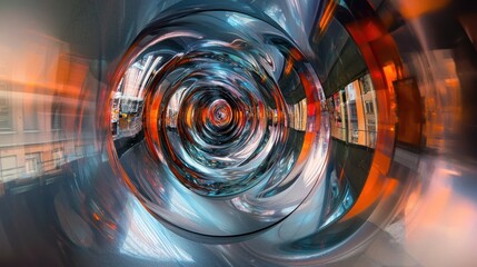 Dynamic Futuristic Spiral Tunnel with Vivid Blue and Reflections, Abstract Digital Art Wormhole Illustrating Motion and Advanced Technology
