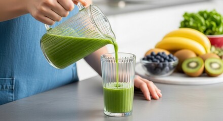 Woman pouring vibrant green healthy smoothie from glass pitcher into a tall cup in kitchen