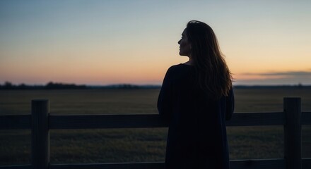 Silhouette of a woman standing at a wooden fence, looking out at a vast field during sunset