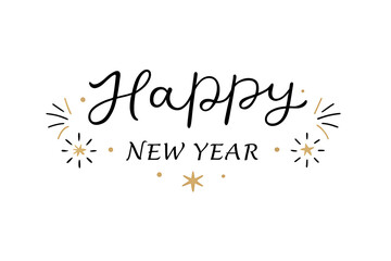 Elegant hand drawn happy new year calligraphy with festive sparkles and floral accents on white background