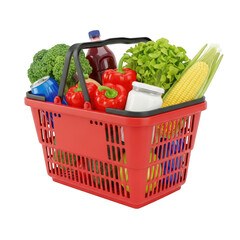 Red Shopping Basket Full of Fresh Vegetables and Grocery Items Market Purchase