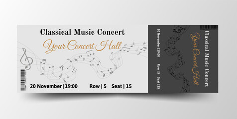 Elegant classical music concert ticket template with modern layout. The design features flowing musical notes, treble clef. Vector illustration.
