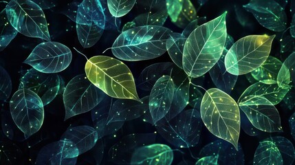 A close up of green leaves with a blue background