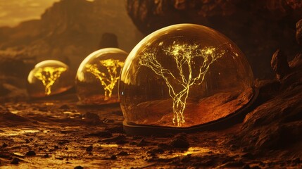 Three glass orbs with a tree inside of them