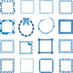 Elegant set of ornamental azure frames in minimalist and retro geometric styles. Includes striped, dotted, scalloped, and circular outlines. For digita invitations, stationery, branding, social media.