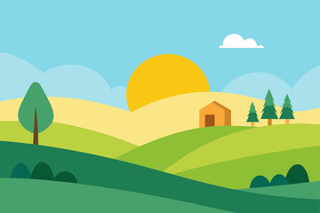 Vector Nature Landscape with Countryside Morning View Illustration