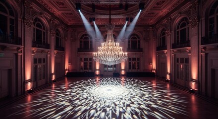 Grand ballroom with ornate crystal chandelier and dramatic event lighting