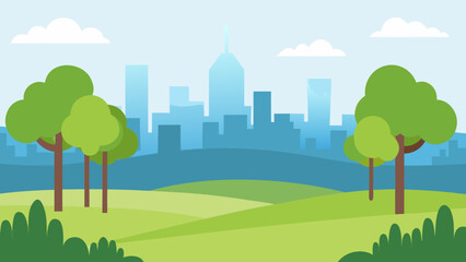 Obraz premium Beautiful vector nature park landscape with city and clear blue sky