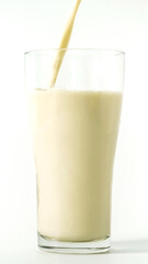 Soy milk in a glass on white background. Healthy drink with vitamins and nutrients. Milk Breakfast isolated. Healthy nutritious food healthcare feeling refreshed. Beverage benefits protein soybeans 