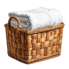 Towels in Wicker Basket on Transparent Background Comfort and Cleanliness