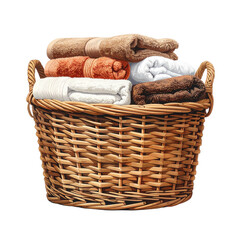 Wicker basket with towels, laundry essentials on transparent background