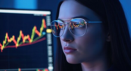 Focused woman analyzing stock market data on a screen, reflected in her eyeglasses.