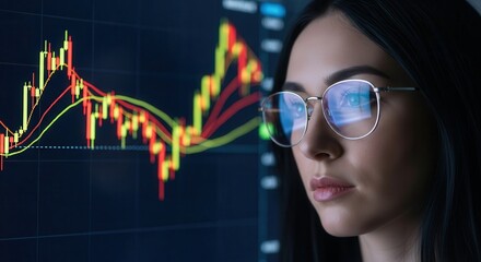 Young woman observing stock market chart on screen, reflections in her glasses