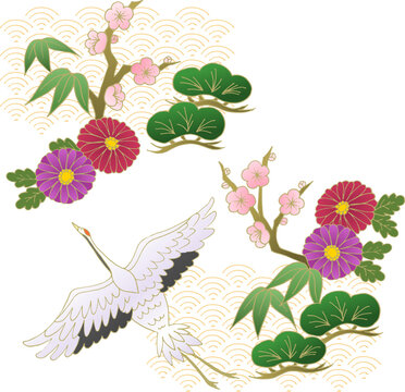 お正月 和風 和柄挿絵 松竹梅 鶴 牡丹 菊 年賀状 金 New Year Japanese pattern background Pine, bamboo, plum, crane, peony, chrysanthemum, New Year's card, 