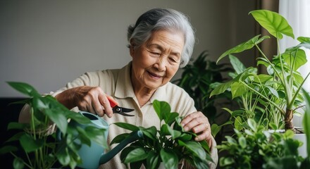 Elderly asian woman pruning and watering her vibrant green indoor plants at home