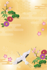 お正月 和風 和柄背景 松竹梅 鶴 牡丹 菊 年賀状 金 New Year Japanese pattern background Pine, bamboo, plum, crane, peony, chrysanthemum, New Year's card, gold
