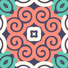Geometric Damask Tile Pattern With Swirl Motifs In Coral Cream Teal And Deep Purple Colors On A Transparent Background