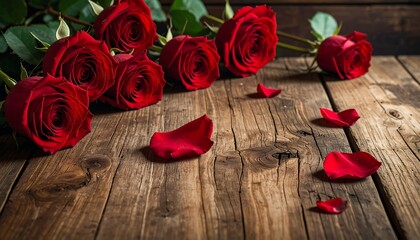 Lush red roses resting on an old, weathered wooden table