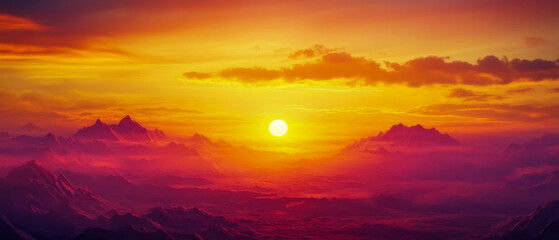 Majestic sunset over a mountain range with vibrant colors in the sky.