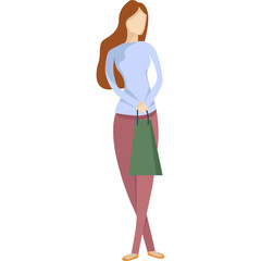Full Body Illustration Of A Woman With Long Red Hair Wearing A Light Blue Long Sleeve Shirt And Red Pants Holding A Green Shopping Bag Isolated On White Background