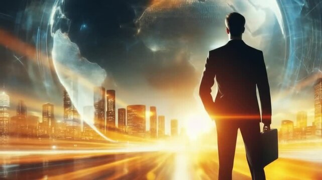 A man in a black suit stands looking at a fantasy city building with futuristic lights and a world football program on digital screens
 - Powered by Adobe