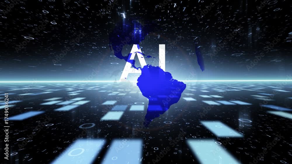 Wall mural ai letters with blue earth planet in digital tech cyberspace network loop animation.