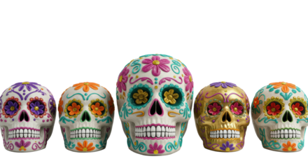 Five intricately decorated Mexican Calaveras with vibrant floral/geometric icing, glitter, and foil accents, on a transparent studio background. Day of the Dead celebration concept