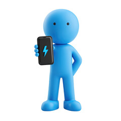 Blue Character Holding Smartphone with Lightning Bolt