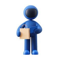 Blue Mascot Holding Shopping Bag and Tablet