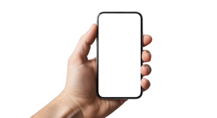 Hand holding smartphone isolated transparent background