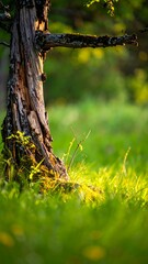 Sunlight bathes old tree trunk in lush green field, idyllic scene