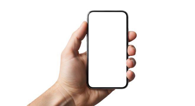 Hand holding smartphone isolated transparent background