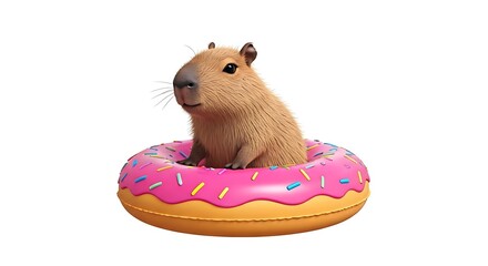 Adorable capybara chilling in a pink sprinkled donut floatie, perfect for fun summer designs or cute animal-themed projects with a touch of whimsy