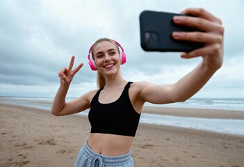 Smiling Woman at Beach Taking a Selfie