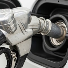 Silver Fuel Pump Nozzle Dispensing Gasoline into a Modern White Car's Fuel Tank