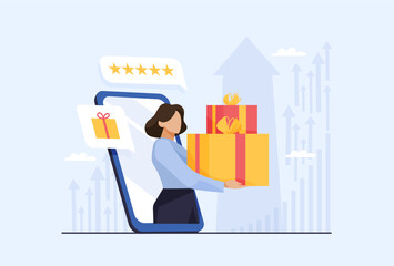 Female character holding gift boxes coming out of smartphone screen with rating stars and gift icons. Flat vector illustration. Online shopping and delivery concept.